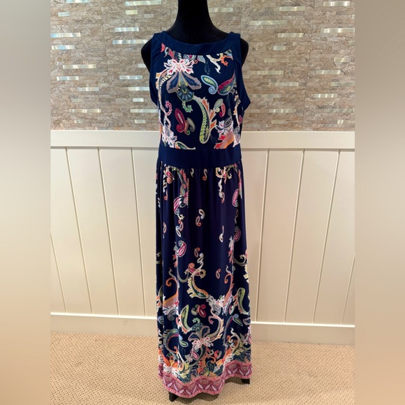 Haani Navy Blue White Pink High Neck Sleeveless Paisley Long Maxi Dress L Large - Picture 1 of 6